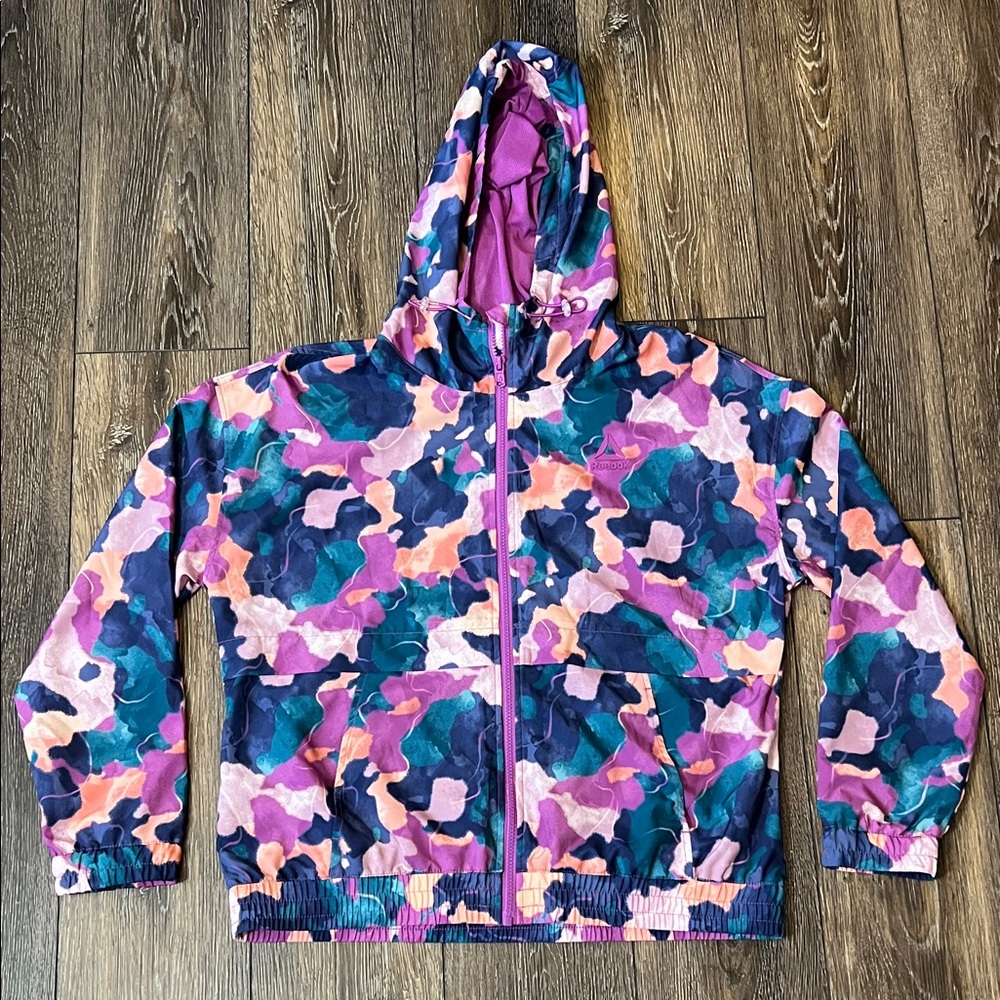 Reebok Women’s Large Geo Print Hoodie Windbreaker Full Zip Mesh Lined Purples